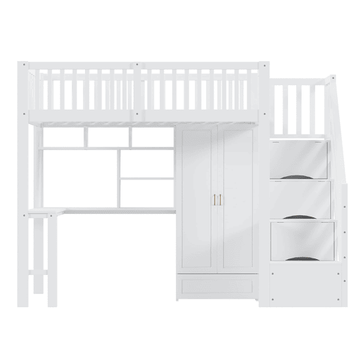 Cama alta 90x200 - Com armário, estante, mesa e escada, estrutura em madeira, branca