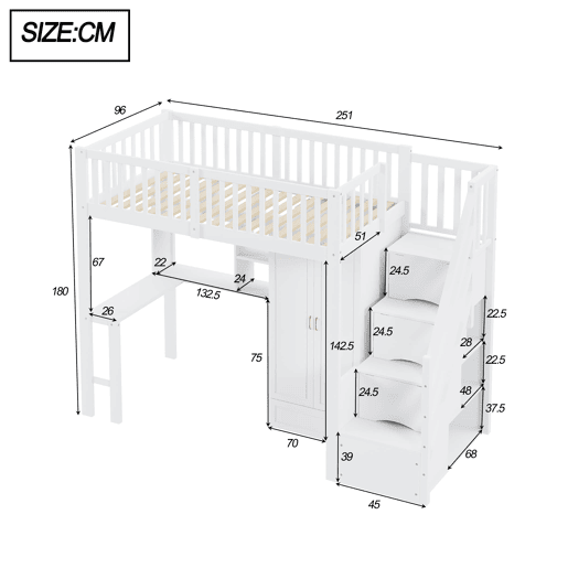 Cama alta 90x200 - Com armário, estante, mesa e escada, estrutura em madeira, branca