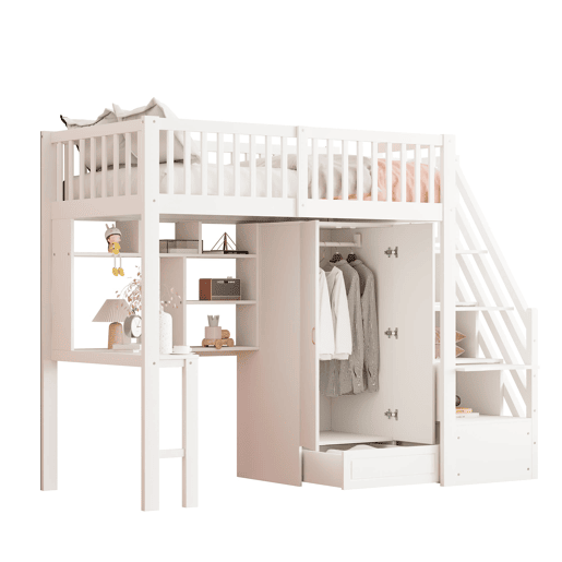 Cama alta 90x200 - Com armário, estante, mesa e escada, estrutura em madeira, branca