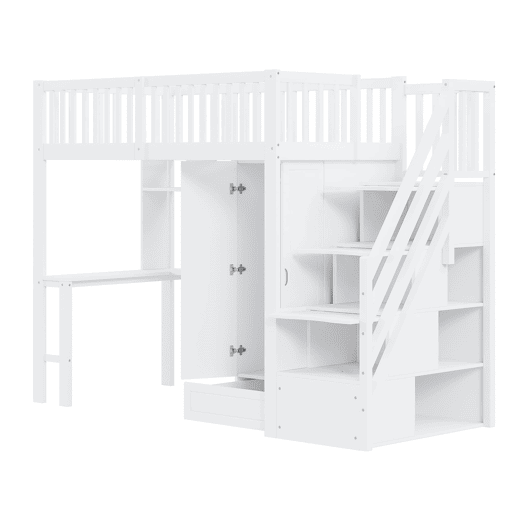 Cama alta 90x200 - Com armário, estante, mesa e escada, estrutura em madeira, branca