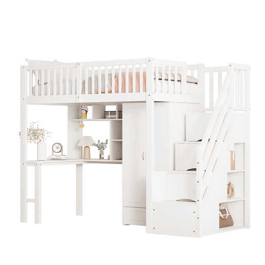 Cama alta 90x200 - Com armário, estante, mesa e escada, estrutura em madeira, branca