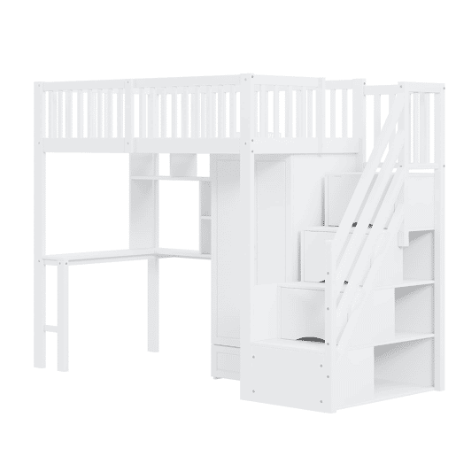 Cama alta 90x200 - Com armário, estante, mesa e escada, estrutura em madeira, branca