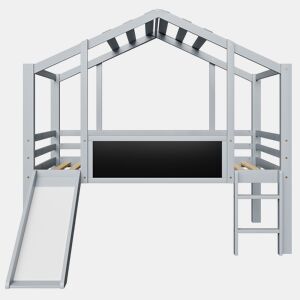Cama infantil 90x200 cm - Design loft, escada e escorregador de segurança, quadro de grafite, madeira maciça, cinza