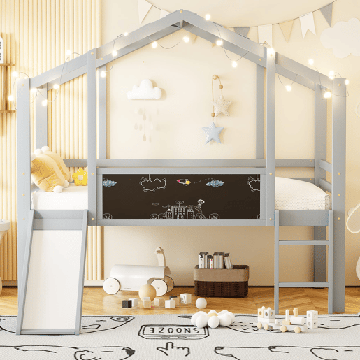 Cama infantil 90x200 cm - Design loft, escada e escorregador de segurança, quadro de grafite, madeira maciça, cinza