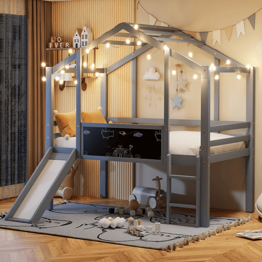 Cama infantil 90x200 cm - Design loft, escada e escorregador de segurança, quadro de grafite, madeira maciça, cinza