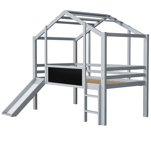 Cama infantil 90x200 cm - Design loft, escada e escorregador de segurança, quadro de grafite, madeira maciça, cinza
