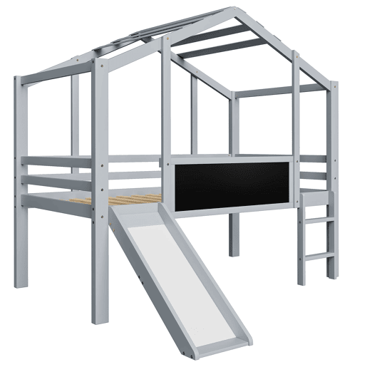 Cama infantil 90x200 cm - Design loft, escada e escorregador de segurança, quadro de grafite, madeira maciça, cinza