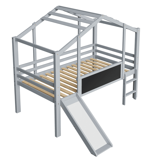 Cama infantil 90x200 cm - Design loft, escada e escorregador de segurança, quadro de grafite, madeira maciça, cinza