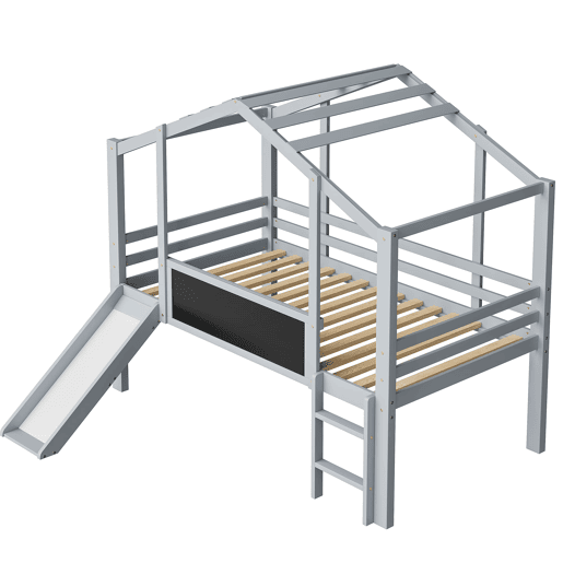 Cama infantil 90x200 cm - Design loft, escada e escorregador de segurança, quadro de grafite, madeira maciça, cinza