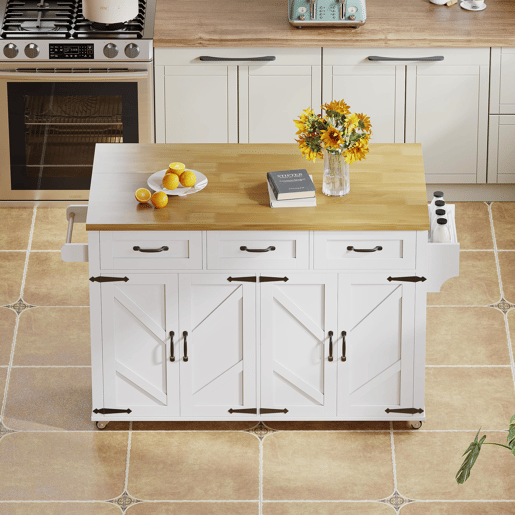 Ilha de cozinha 140x43(70)x90,5 cm - com 5 rodas bloqueáveis, 4 portas, 3 gavetas, design estilo celeiro - Branco e Natural