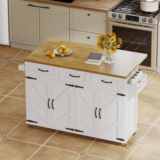 Ilha de cozinha 140x43(70)x90,5 cm - com 5 rodas bloqueáveis, 4 portas, 3 gavetas, design estilo celeiro - Branco e Natural
