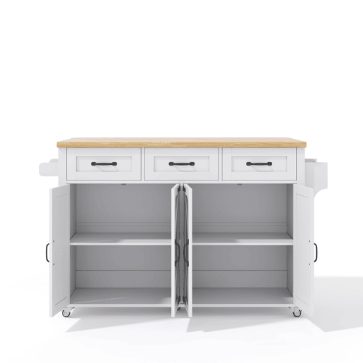 Ilha de cozinha 140x43(70)x90,5 cm - com 5 rodas bloqueáveis, 4 portas, 3 gavetas, design estilo celeiro - Branco e Natural