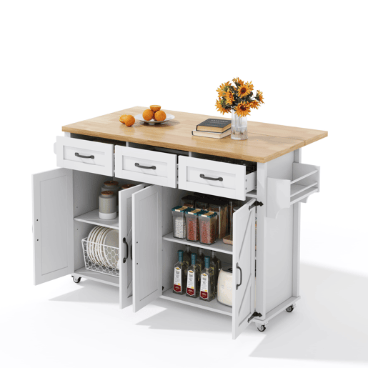 Ilha de cozinha 140x43(70)x90,5 cm - com 5 rodas bloqueáveis, 4 portas, 3 gavetas, design estilo celeiro - Branco e Natural