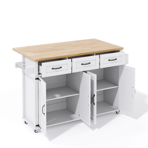 Ilha de cozinha 140x43(70)x90,5 cm - com 5 rodas bloqueáveis, 4 portas, 3 gavetas, design estilo celeiro - Branco e Natural
