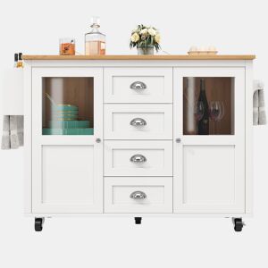 Ilha de cozinha 120x73x93cm - carrinho extraível com rodas, 2 portas, 4 gavetas, prateleiras ajustáveis, branco