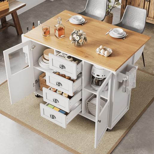 Ilha de cozinha 120x73x93cm - carrinho extraível com rodas, 2 portas, 4 gavetas, prateleiras ajustáveis, branco