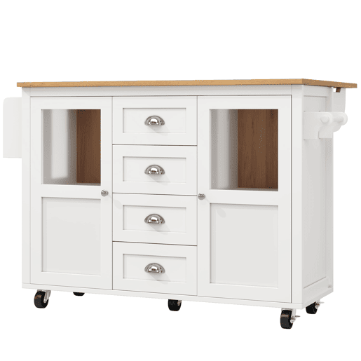 Ilha de cozinha 120x73x93cm - carrinho extraível com rodas, 2 portas, 4 gavetas, prateleiras ajustáveis, branco