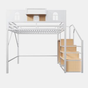 Cama alta metálica 140x200 - Com escada de arrumação, janela, madeira e tecido, estrutura estável - Branca