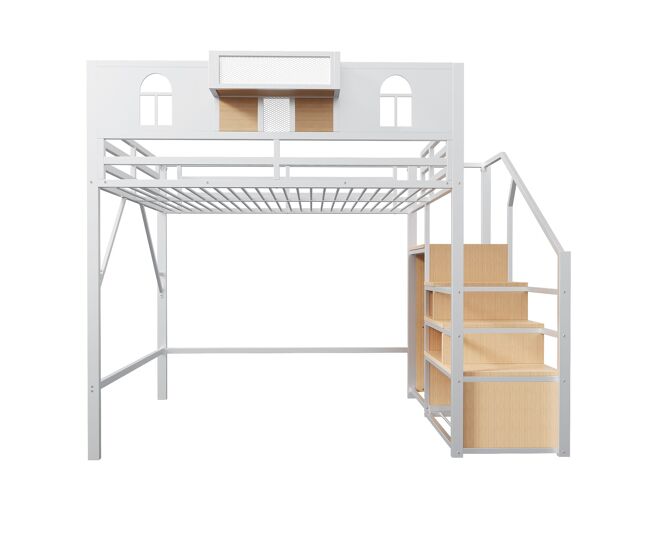 Cama alta metálica 140x200 - con escalera de almacenamiento, ventana, madera y tejido, estructura estable - blanco