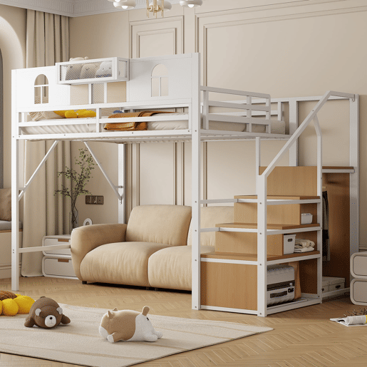 Cama alta metálica 140x200 - Com escada de arrumação, janela, madeira e tecido, estrutura estável - Branca