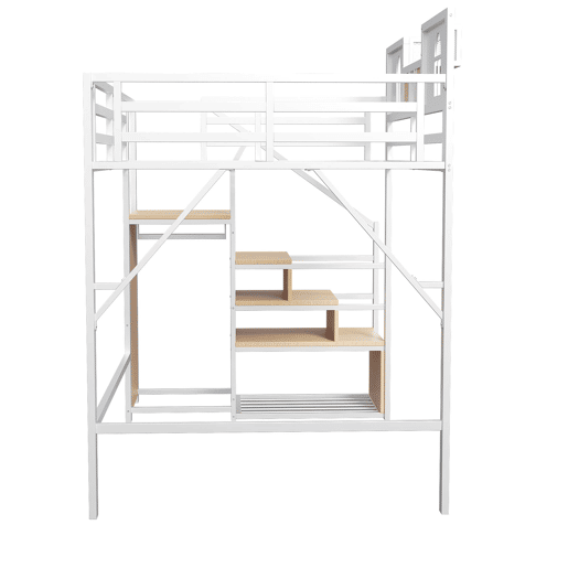 Cama alta metálica 140x200 - Com escada de arrumação, janela, madeira e tecido, estrutura estável - Branca