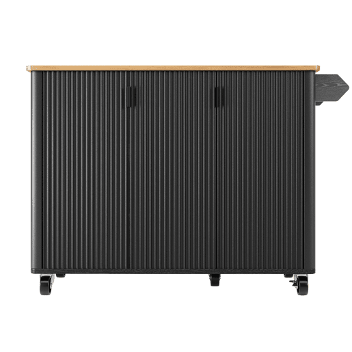 Ilha de cozinha 130x45(75)x92cm - Carrinho com madeira, rodas, prateleira para especiarias, 3 portas, preto