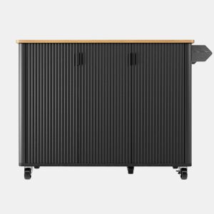 Ilha de cozinha 130x45(75)x92cm - Carrinho com madeira, rodas, prateleira para especiarias, 3 portas, preto