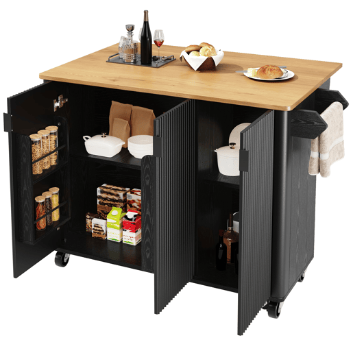 Ilha de cozinha 130x45(75)x92cm - Carrinho com madeira, rodas, prateleira para especiarias, 3 portas, preto