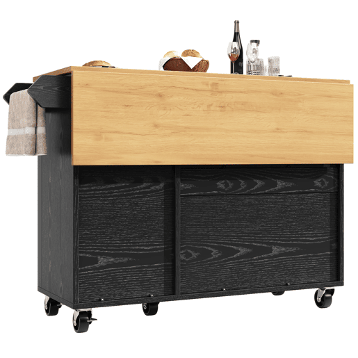 Ilha de cozinha 130x45(75)x92cm - Carrinho com madeira, rodas, prateleira para especiarias, 3 portas, preto