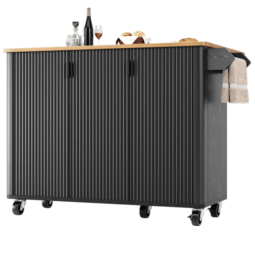 Ilha de cozinha 130x45(75)x92cm - Carrinho com madeira, rodas, prateleira para especiarias, 3 portas, preto