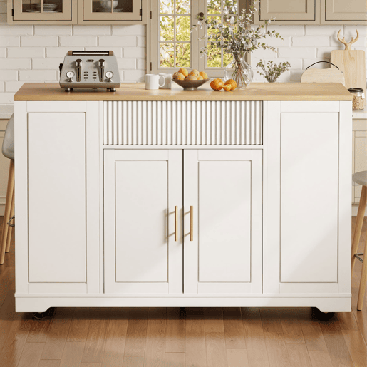 Ilha de cozinha com rodas 120x50x92 cm - Com compartimento para lixo, 2 portas e 3 gavetas - Branco