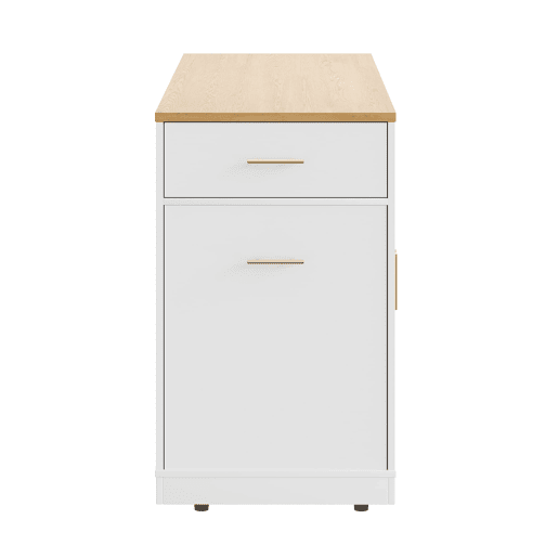 Ilha de cozinha com rodas 120x50x92 cm - Com compartimento para lixo, 2 portas e 3 gavetas - Branco