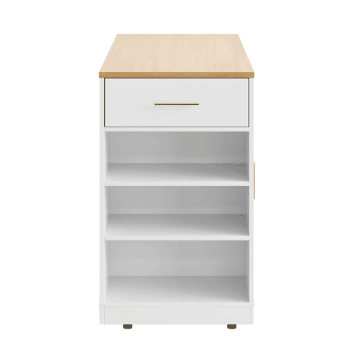 Ilha de cozinha com rodas 120x50x92 cm - Com compartimento para lixo, 2 portas e 3 gavetas - Branco
