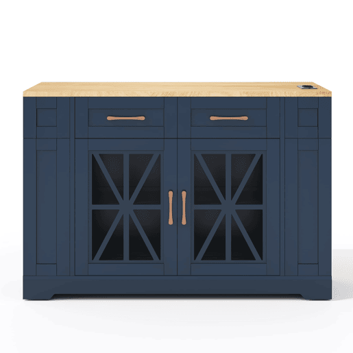 Ilha de cozinha 120 cm - mesa rebatível, prateleira aberta, tomada ACUSB, portas de vidro, rodízios - Azul+Natural