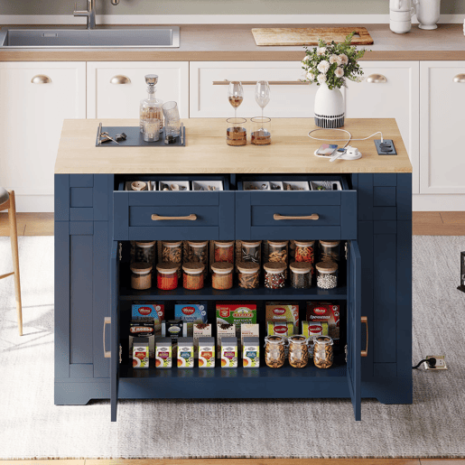 Ilha de cozinha 120 cm - mesa rebatível, prateleira aberta, tomada ACUSB, portas de vidro, rodízios - Azul+Natural