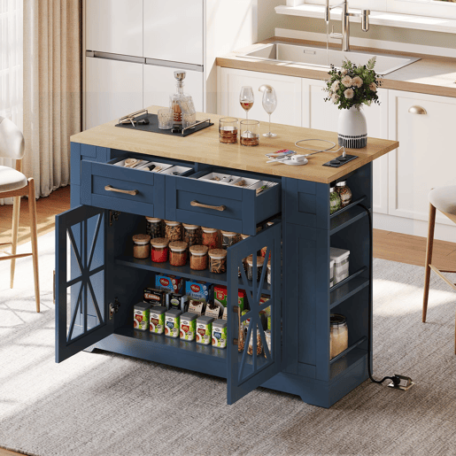 Ilha de cozinha 120 cm - mesa rebatível, prateleira aberta, tomada ACUSB, portas de vidro, rodízios - Azul+Natural