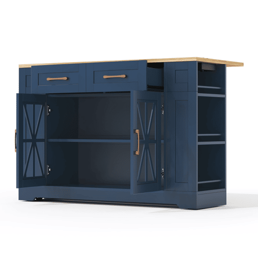 Ilha de cozinha 120 cm - mesa rebatível, prateleira aberta, tomada ACUSB, portas de vidro, rodízios - Azul+Natural
