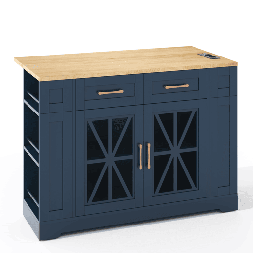 Ilha de cozinha 120 cm - mesa rebatível, prateleira aberta, tomada ACUSB, portas de vidro, rodízios - Azul+Natural