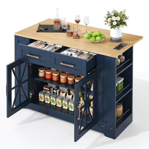Ilha de cozinha 120 cm - mesa rebatível, prateleira aberta, tomada ACUSB, portas de vidro, rodízios - Azul+Natural