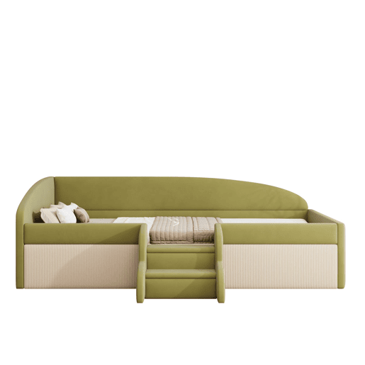 Cama multifuncional 90x190cm - Com escadas e barreiras - Veludo macio - Verde escuro + Branco creme