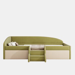 Cama multifuncional 90x190cm - Com escadas e barreiras - Veludo macio - Verde escuro + Branco creme