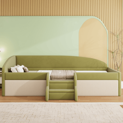 Cama multifuncional 90x190cm - Com escadas e barreiras - Veludo macio - Verde escuro + Branco creme