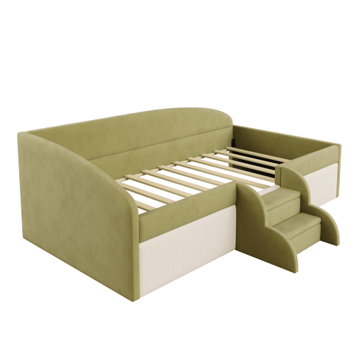 Cama multifuncional 90x190cm - Com escadas e barreiras - Veludo macio - Verde escuro + Branco creme