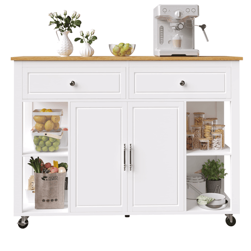 Ilha de cozinha com rodas 120x50 cm - Carrinho multifuncional com arrumação e 2 gavetas - Branco