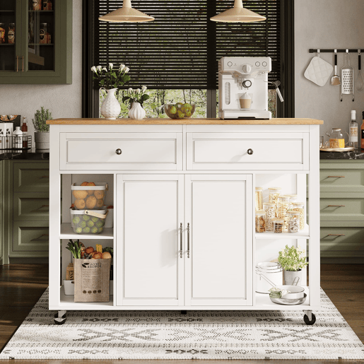 Ilha de cozinha com rodas 120x50 cm - Carrinho multifuncional com arrumação e 2 gavetas - Branco