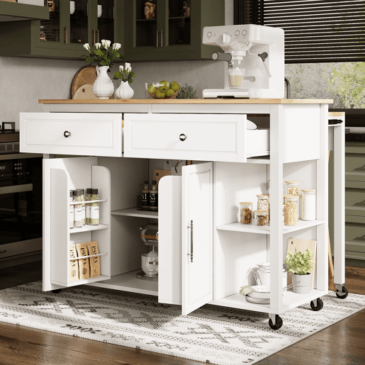 Ilha de cozinha com rodas 120x50 cm - Carrinho multifuncional com arrumação e 2 gavetas - Branco