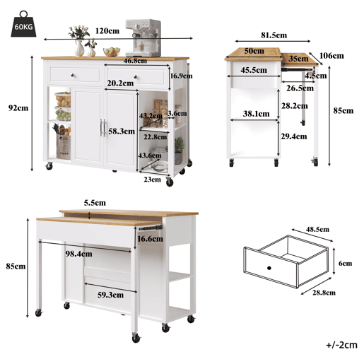 Ilha de cozinha com rodas 120x50 cm - Carrinho multifuncional com arrumação e 2 gavetas - Branco