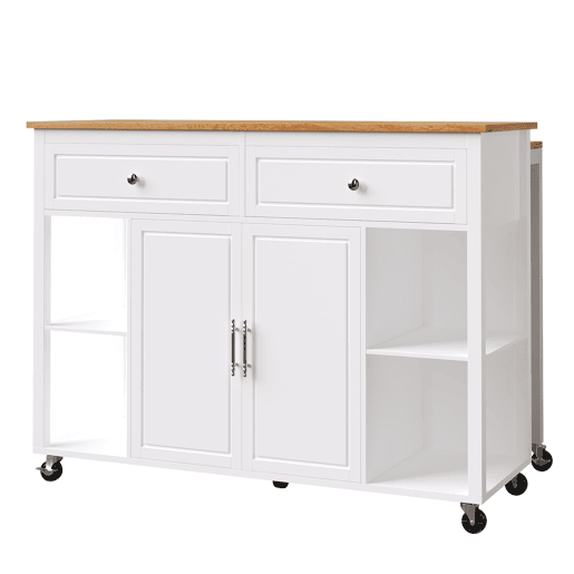 Ilha de cozinha com rodas 120x50 cm - Carrinho multifuncional com arrumação e 2 gavetas - Branco