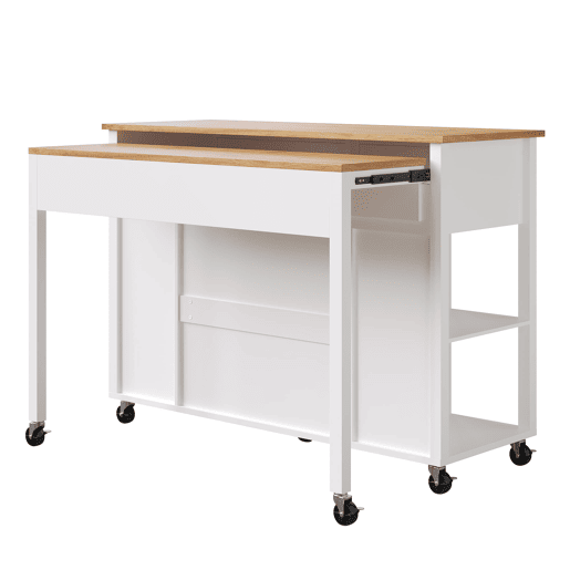 Ilha de cozinha com rodas 120x50 cm - Carrinho multifuncional com arrumação e 2 gavetas - Branco