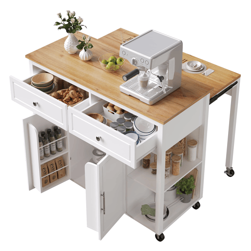 Ilha de cozinha com rodas 120x50 cm - Carrinho multifuncional com arrumação e 2 gavetas - Branco